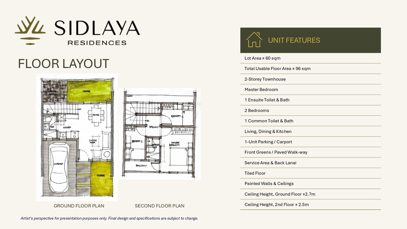Sidlaya Residences ground and second floor layout with unit features