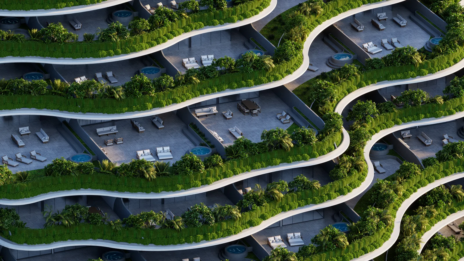 The Rise at Monterrazas — Podium parking decks under the villa tiers