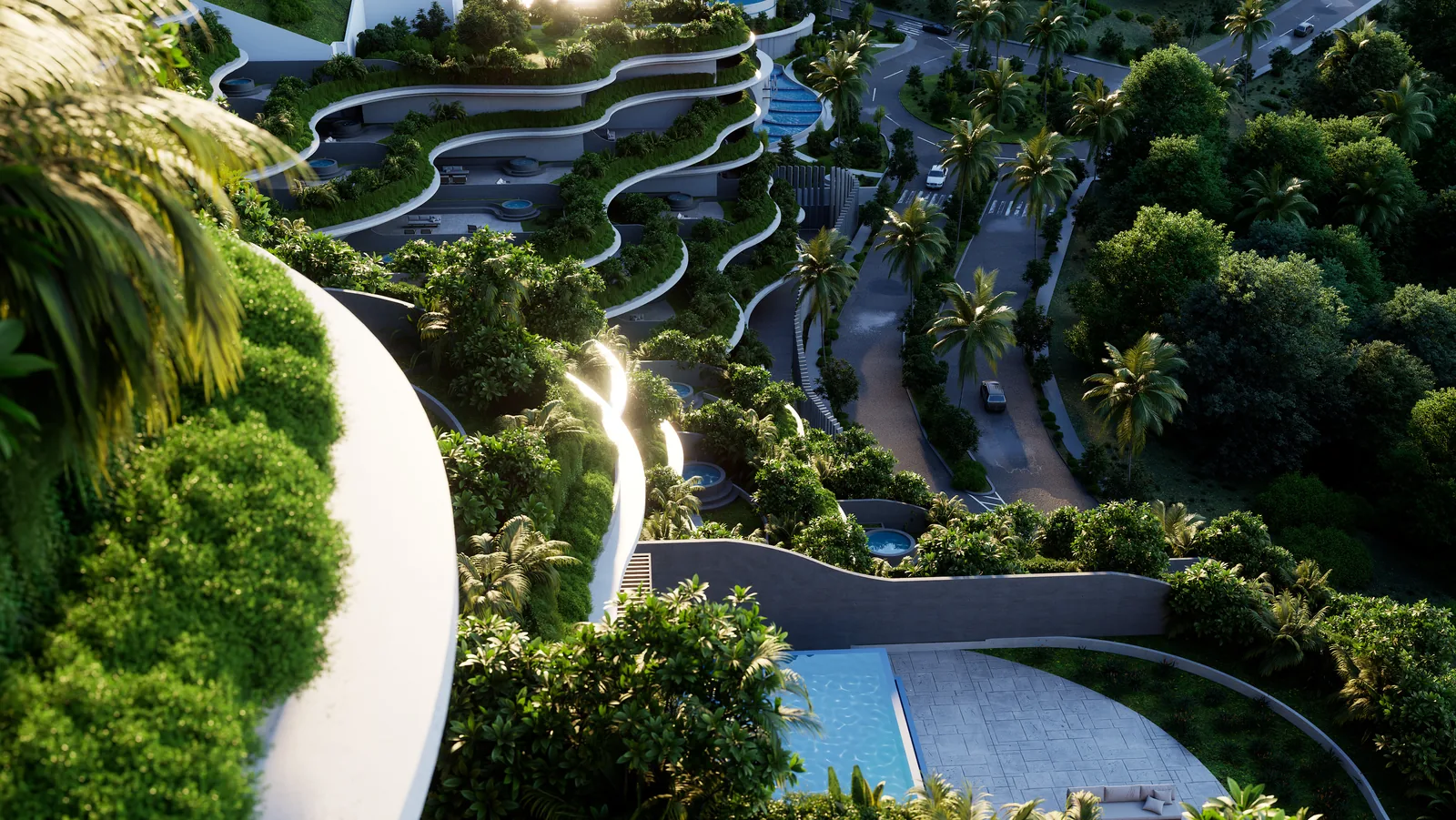 The Rise at Monterrazas — Aerial view over the villa pool terraces