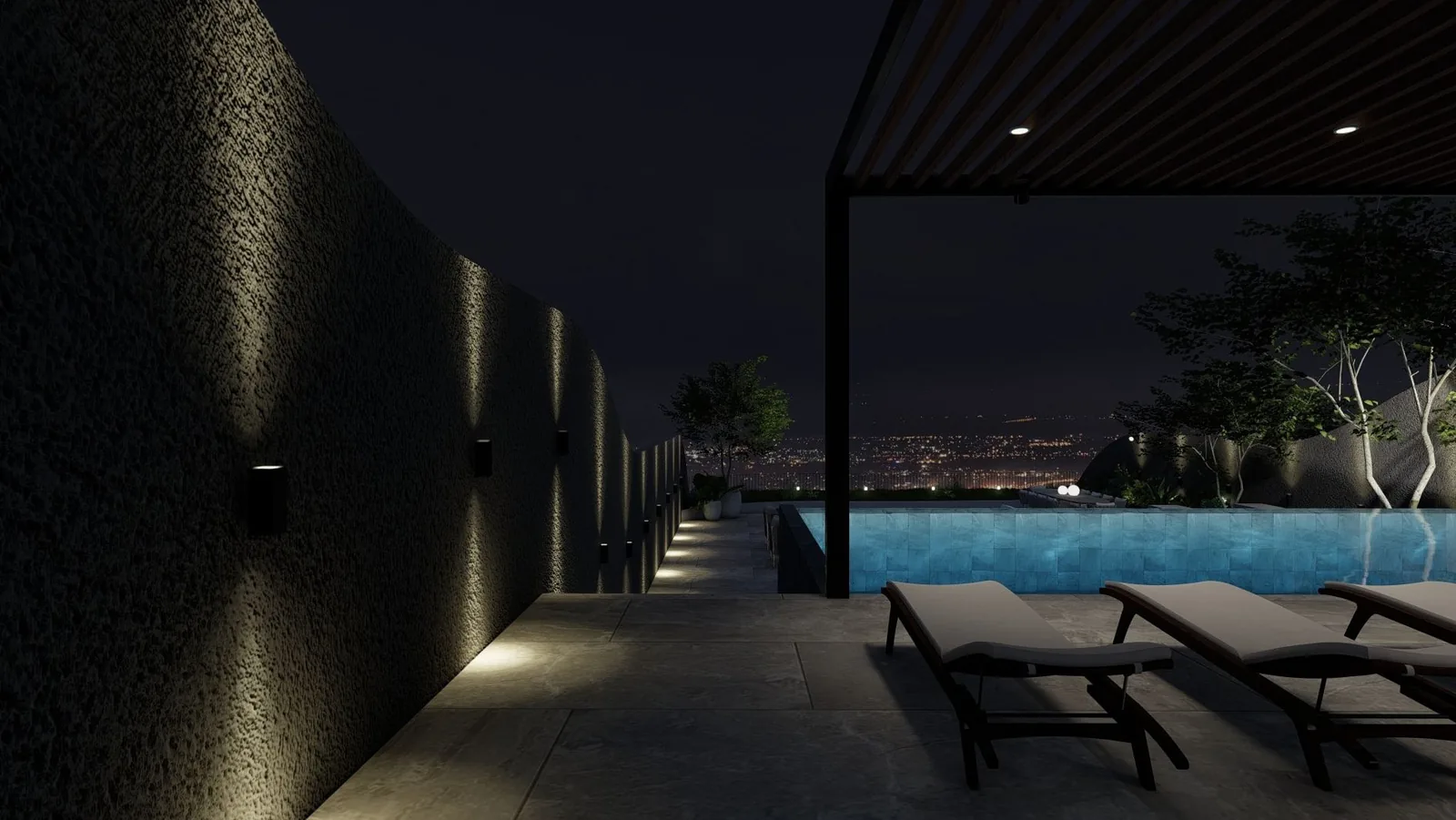The Rise at Monterrazas — Evening approach along the pool corridor